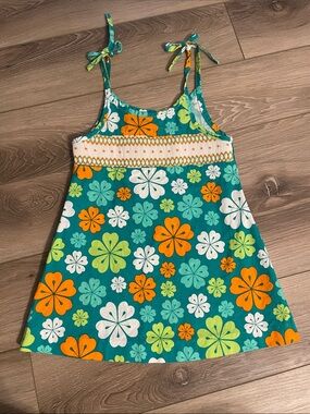 Girls' 18 Month Teal Hawaiian Floral Tie-Shoulder Sundress Hand Smocked